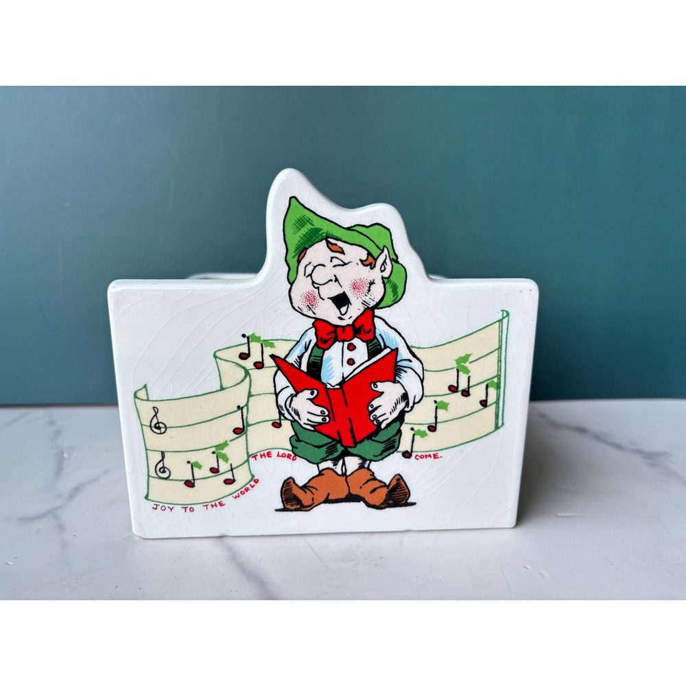Vintage Napco Christmas Elf Caroler Ceramic Planter Jingle Bells Joy